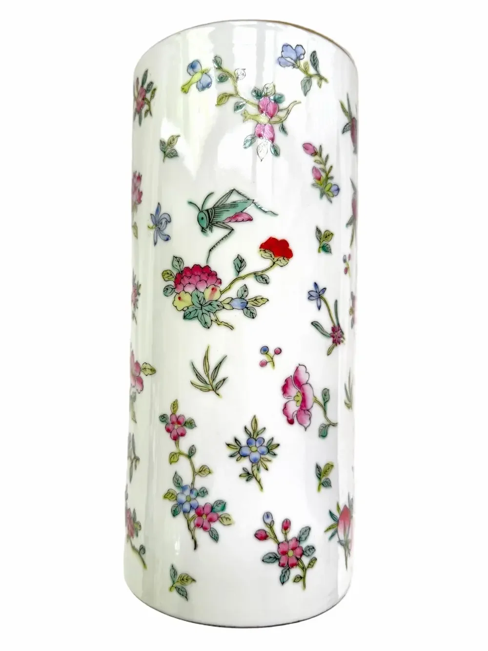 Chinese Famille Rose Hand Painted Porcelain Cylinder Vase 10.75” Gold Rim